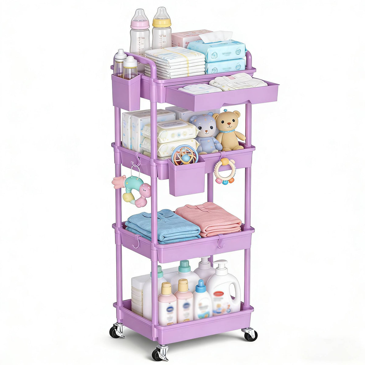 3-Tier & 4-Tier Mobile Nursery Storage Cart on Wheels, Space-Saving Rolling Organizer for Nursery & Baby Room Decor, Sturdy with Smooth Wheels, Baby Pink, Green, Blue, Purple, White, Black & Grey
