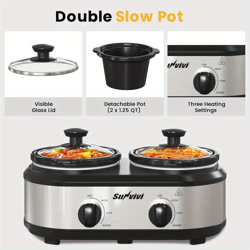 RoyalCraft Dual Slow Cooker & Buffet Server - 2 x 1.25QT Removable Ceramic Pots, Adjustable Temp, Stainless Steel Warmer for Parties & Entertaining - Black, Silver & Red