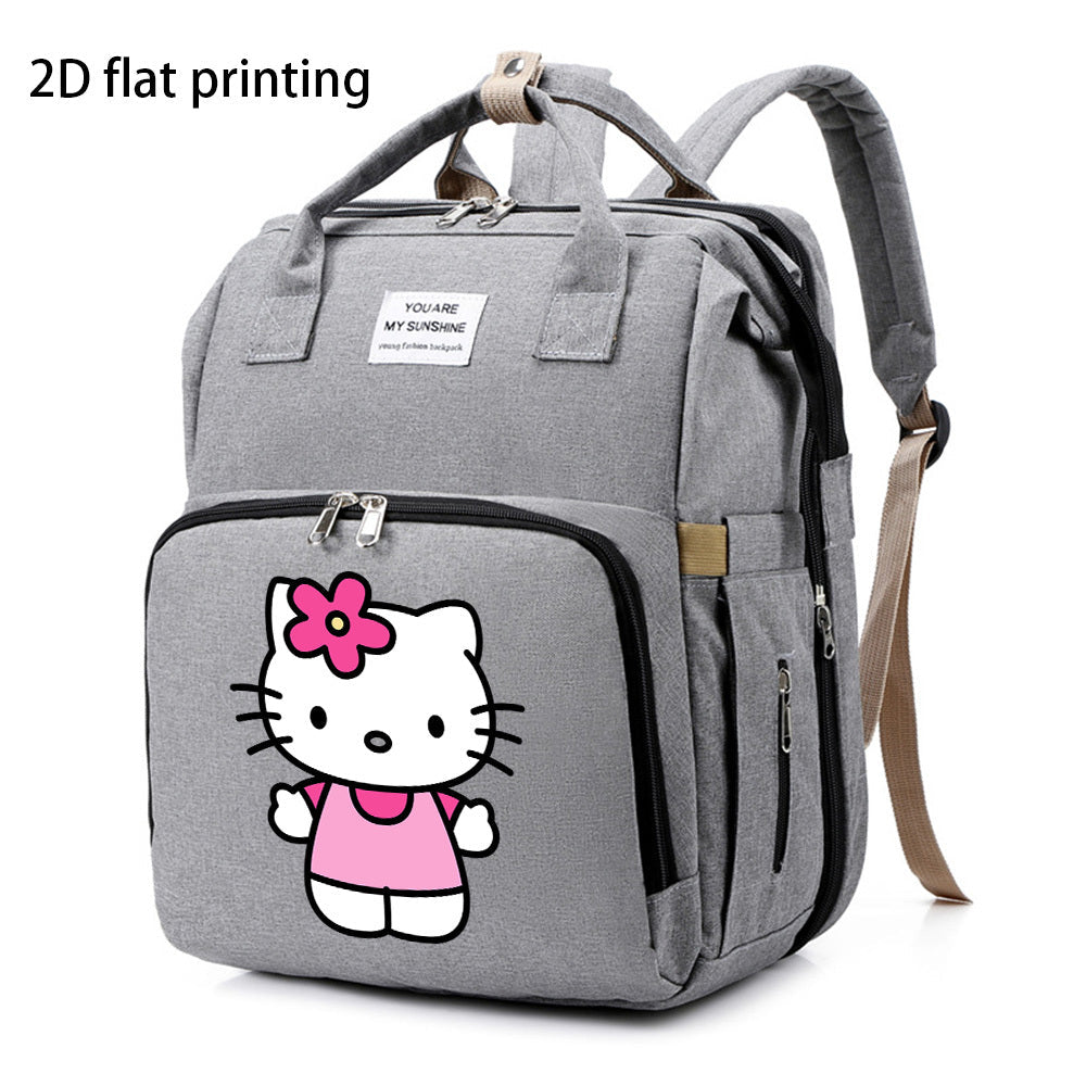 Cute Cartoon Kitty Print Large Capacity Diaper Backpack with Changing Station, Portable Mommy Baby Bag for Travel & Daily Outings, Purple Black & Grey, Halloween Thanksgiving Gift