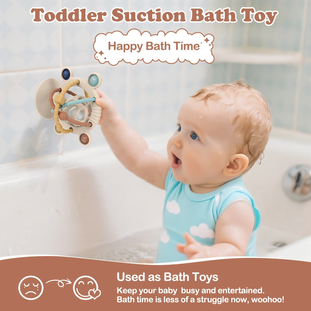 3-in-1 Baby Suction Cup Toy, High Chair Sensory Rattle & Teether for Infants, Multi-Purpose Interactive Toy for High Chair Bath & Travel, Early Learning Developmental Toy for Babies