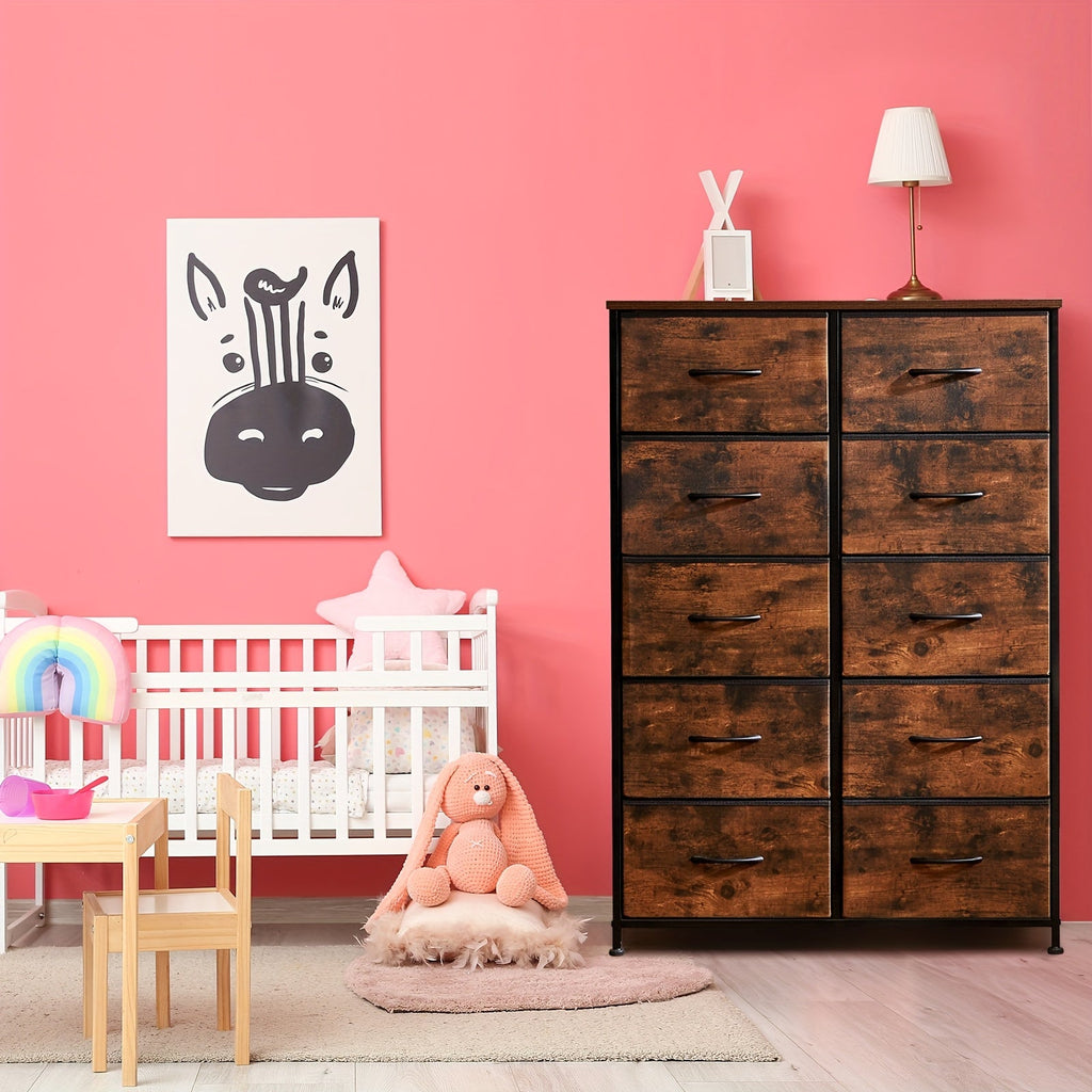 Idle Way 9 & 10-Drawer Bedroom Dresser with Metal Frame & Wood Tabletop, Fabric Closet Organizer Chest Storage Tower for Bedroom, Living Room & Entryway, Coal Black, Black & Grey