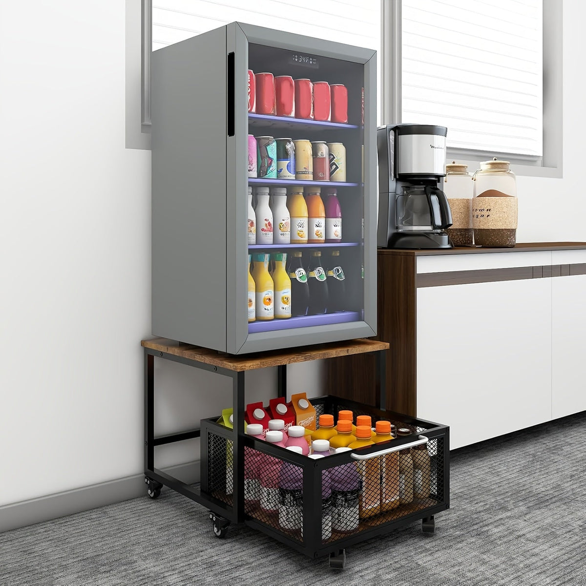Mini Fridge Stand with Wheels 20x20 Inch Heavy Duty Rolling Cart, Large Capacity Storage Shelf with Basket for Drinks, Multi-Use as Side Table End Table Bedside Table for Home Office Bedroom
