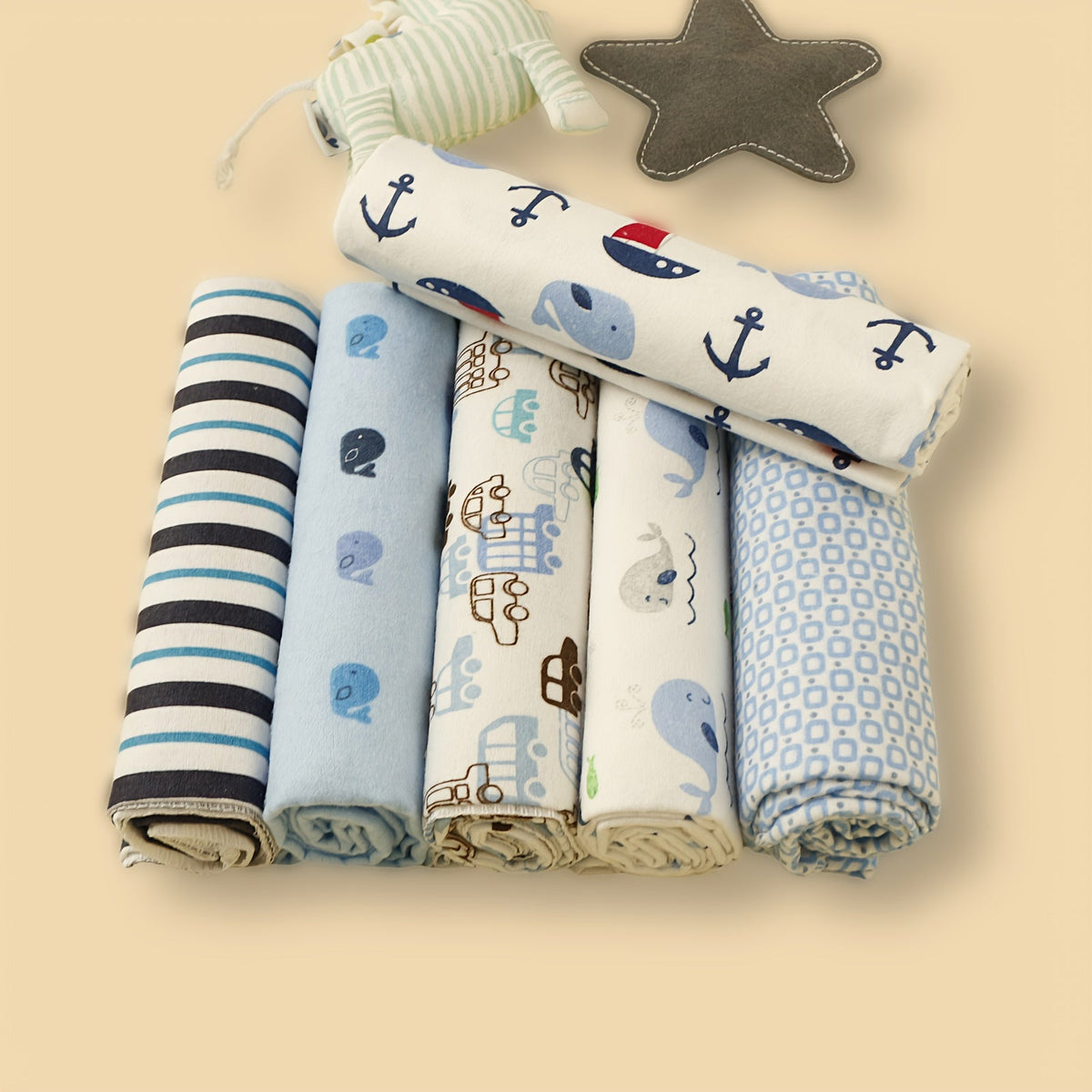 6-Pack Soft Flannel Printed Baby Swaddling Blankets, Cute Printed Star Car Elephant Floral & Animal Pattern Baby Wrap Blanket Set for Newborns & Infants, Multiple Designs