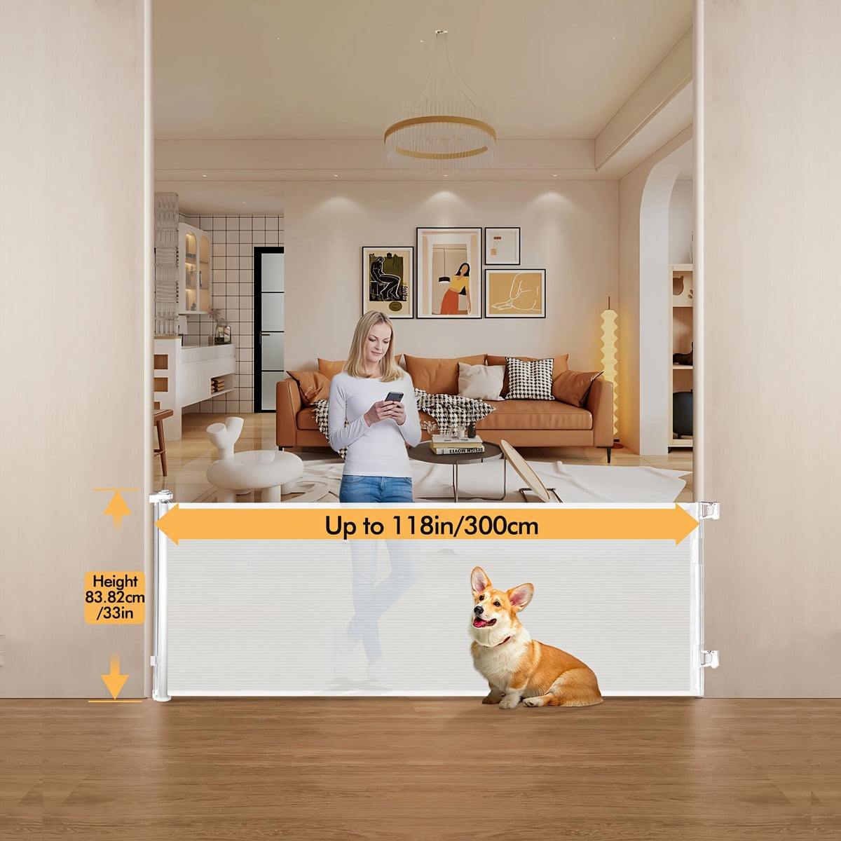 VERASTE Retractable Mesh Safety Gate, 33"/41" Tall Baby & Pet Gate for Doorways, Stairs & Hallways, Indoor & Outdoor Use, Multiple Width Options, Black, White & Gray