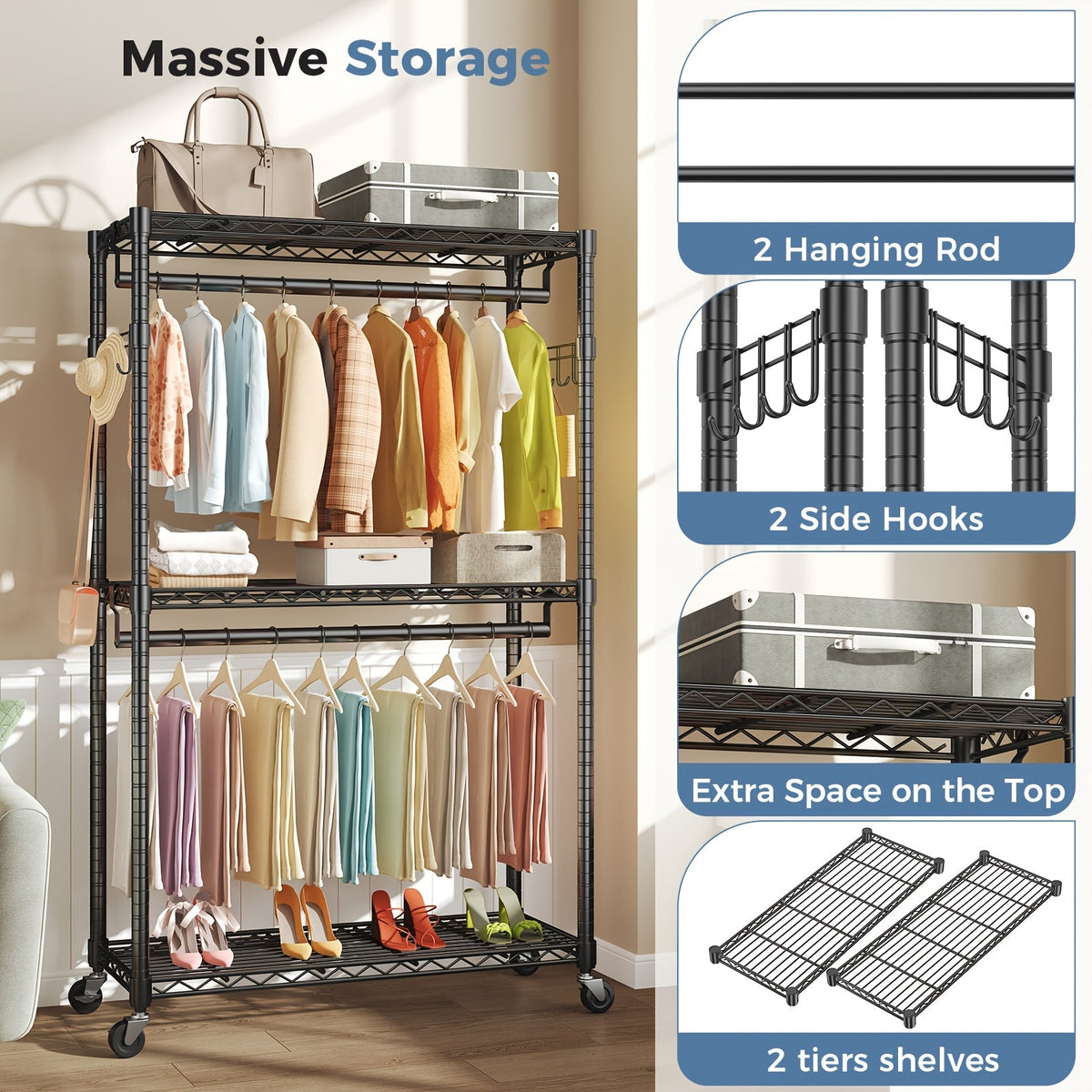 Heavy Duty Rolling Clothes Rack Adjustable Double Rods – Metal Freestanding Closet Organizer with Wheels & Side Hooks for Hanging Clothes