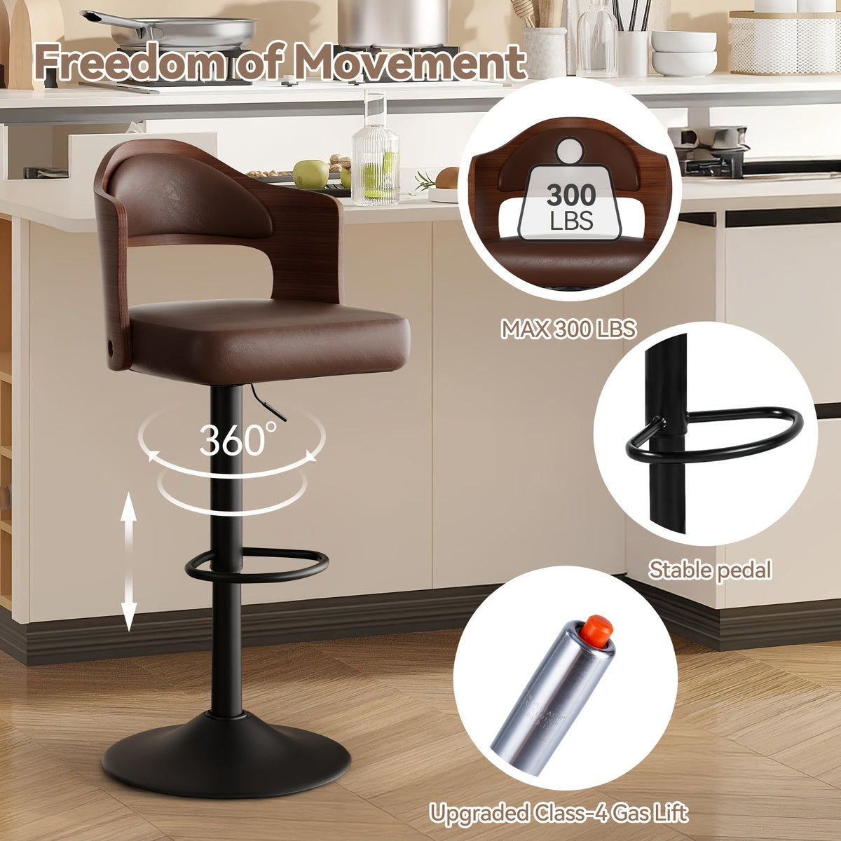 Swivel Bar Stools Set of 4 with PU Leather Upholstered Seat, Wooden Back & Footrest, Counter Height Bar Chairs for Kitchen Island and Dining Room, Black Brown Green White