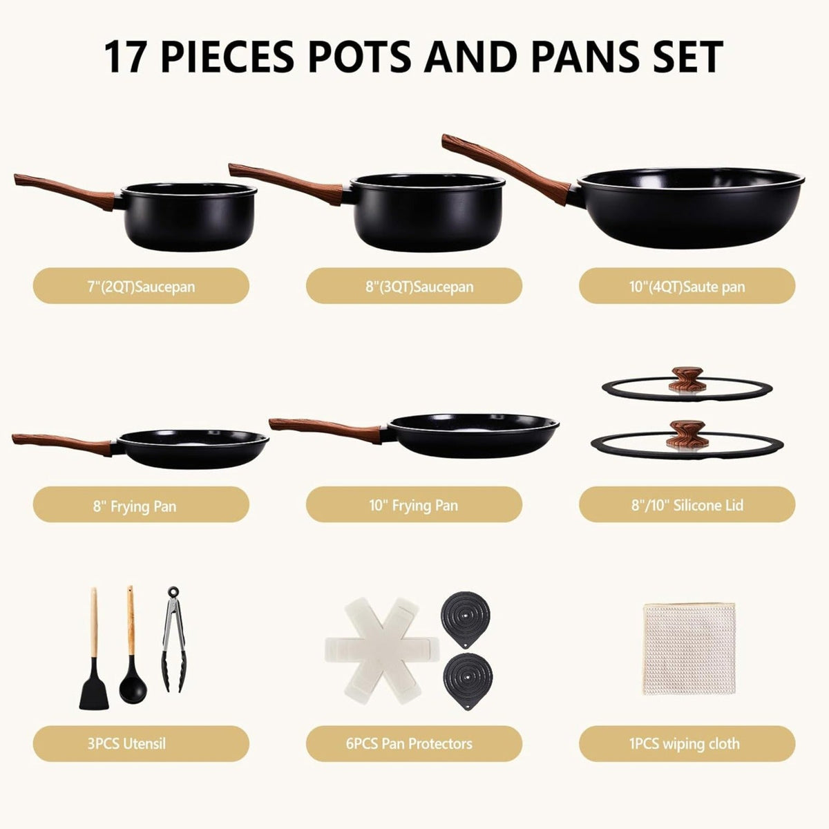 Nonstick Pots and Pans Set with Detachable Handles 15-23 Piece, Cast Aluminum Cookware Set Dishwasher Safe PFAS PFOA Free, Induction Compatible Kitchen Cooking Set with Utensils for RV Home, Black Cream White