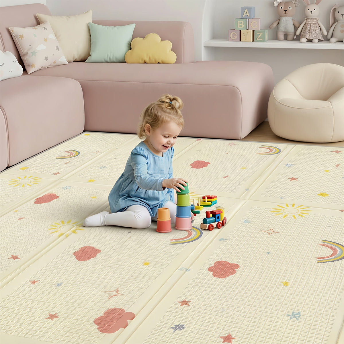 Extra Large Reversible Foldable Foam Baby Play Mat, Rainbow Cloud & Moon Design Non-Toxic Waterproof Floor Playmat with Edge Reinforcement & Travel Bag, 2 Sizes: 71x59" & 71x79"