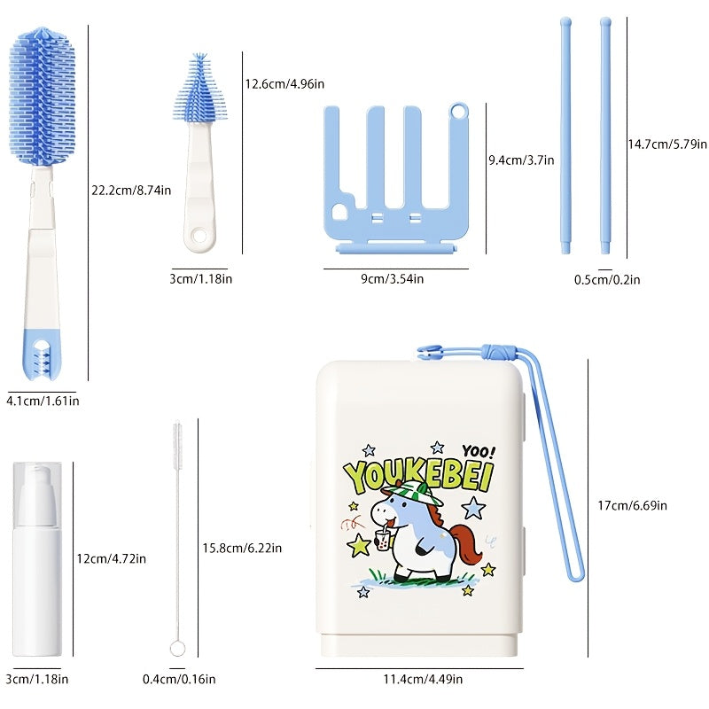 Book-Shaped Portable Baby Bottle Cleaning Brush Set, Multi-Functional Kit with Bottle Brush Nipple Brush Straw Brush Cup Brush & Draining Rack, Lightweight Travel Bottle Cleaning Tools, Green & Blue