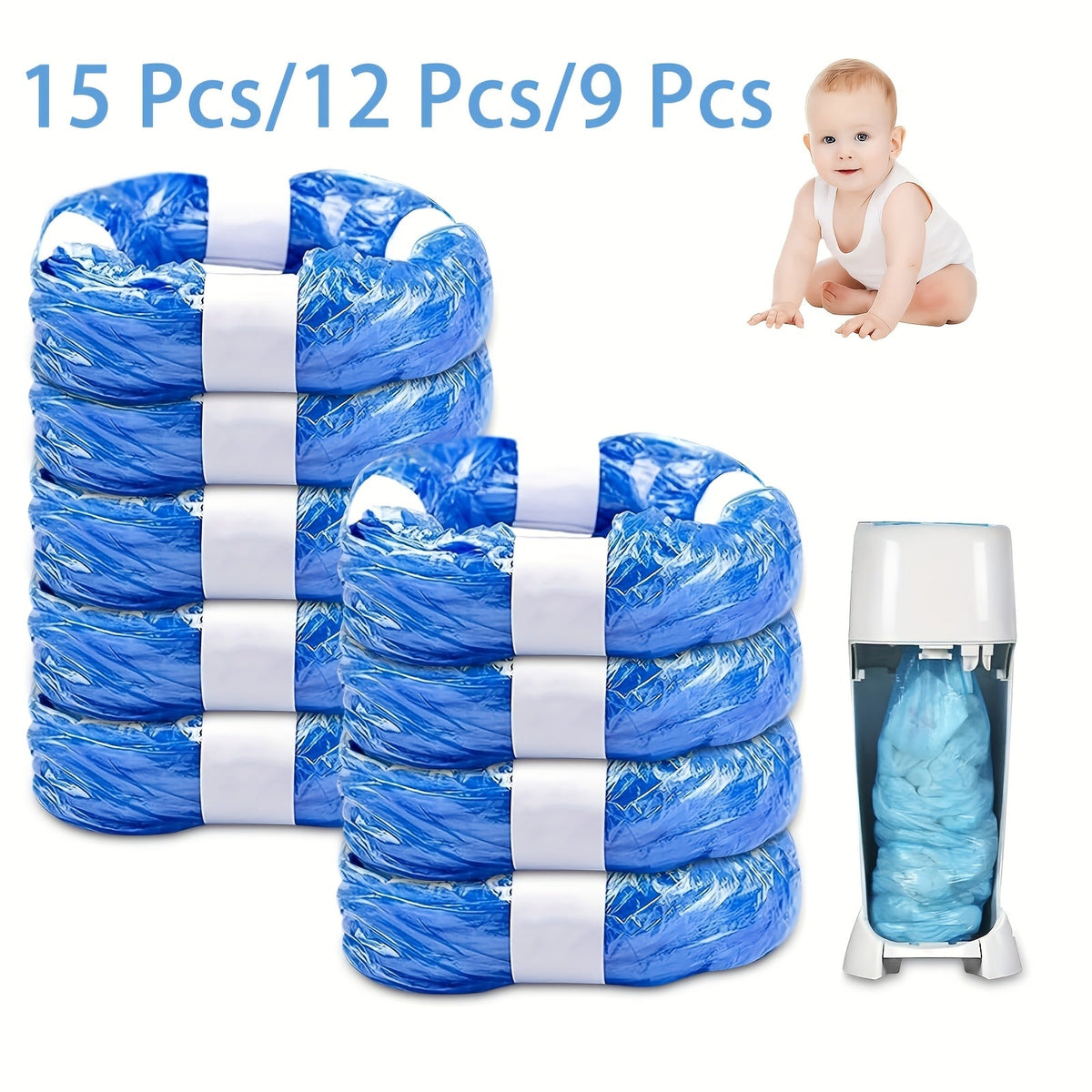 Diaper Pail Refill Bags 9/12/15 Pack, 177-Inch Nappy Bin Liner Disposal Bags Compatible with Tommee Tippee, Angelcare, Diaper Genie, Litter Genie, Twist & Click Diaper Bin