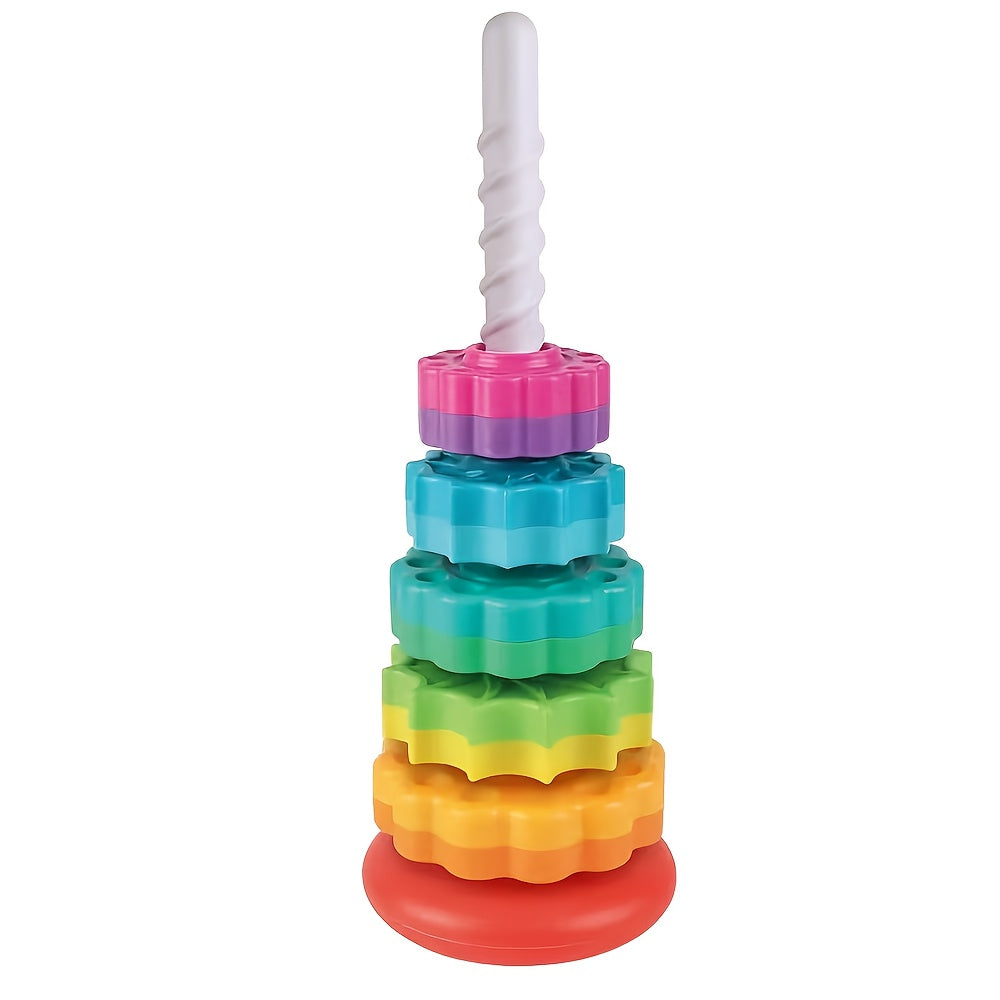 5-in-1 Rainbow Spinning Gear Tower with Rotating Base Interactive Educational Toy for Toddlers Motor Skills Hand-Eye Coordination Cognitive Development