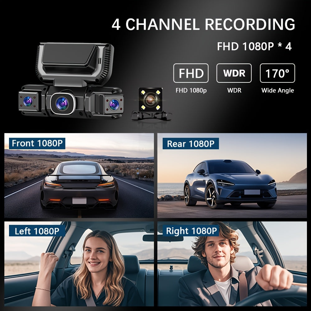FOXGOD 360° Dash Cam for Car - 4 Channel Recording, Night Vision, 3.16" IPS Screen, WiFi, G-Sensor, Parking Mode, Includes 32GB Card - 4 Lens Bundle