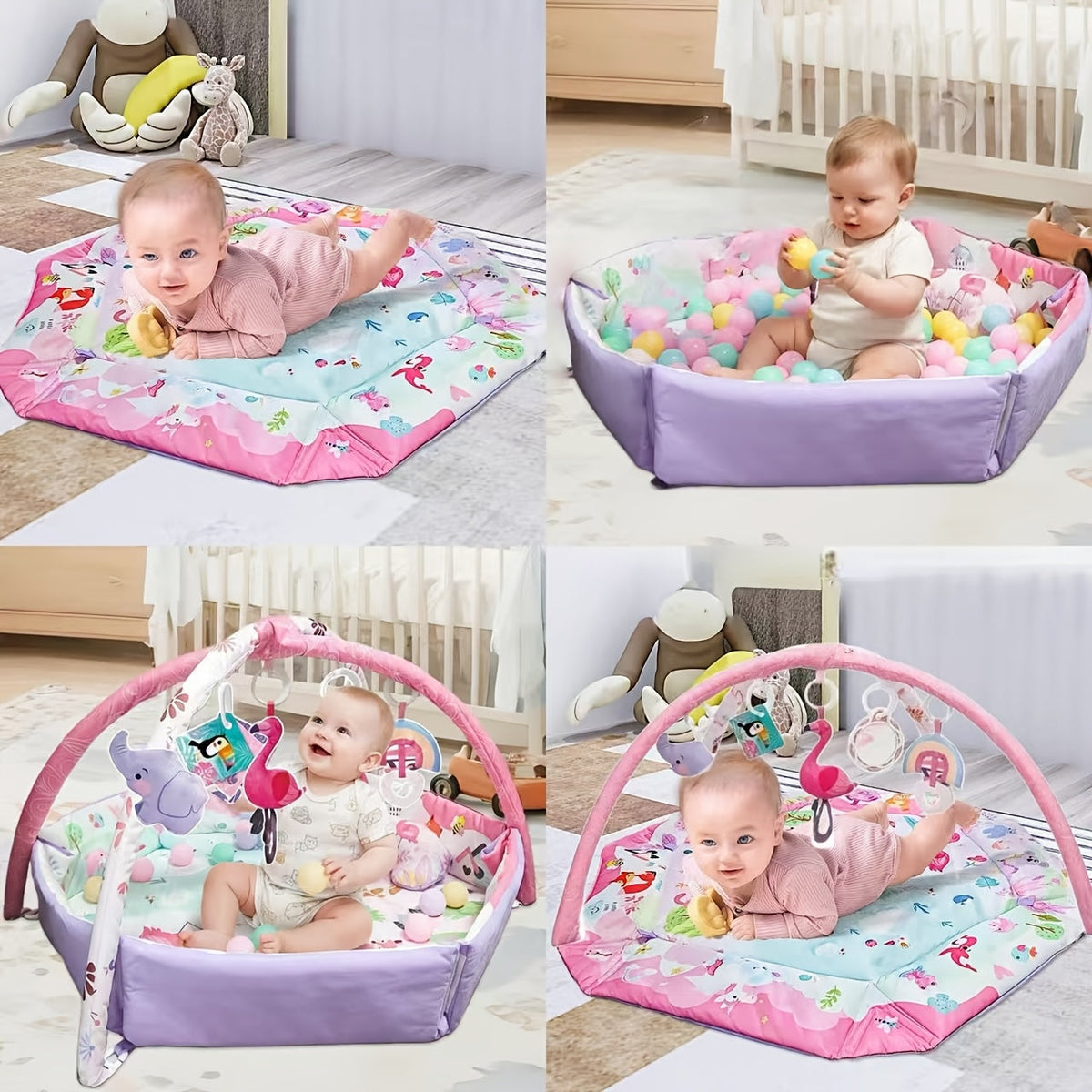 Foldable Hexagonal Baby Activity Mat & Play Gym with 5 Sensory Toys & Exercise Ball, Multi-Functional Infant Crawling Training Mat for Newborns & Toddlers, Pink