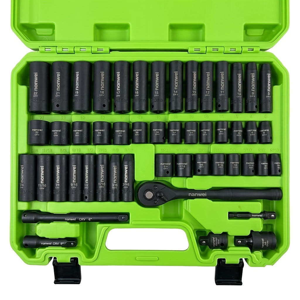 50-Piece 3/8-Inch Drive Impact Socket Set Metric 8-22mm & Imperial 5/16-3/4 In Hex Sockets with 1/4 & 3/8-In Bit Adapters Ratchet Handles & Portable Toolbox – Green Orange Purple Pink