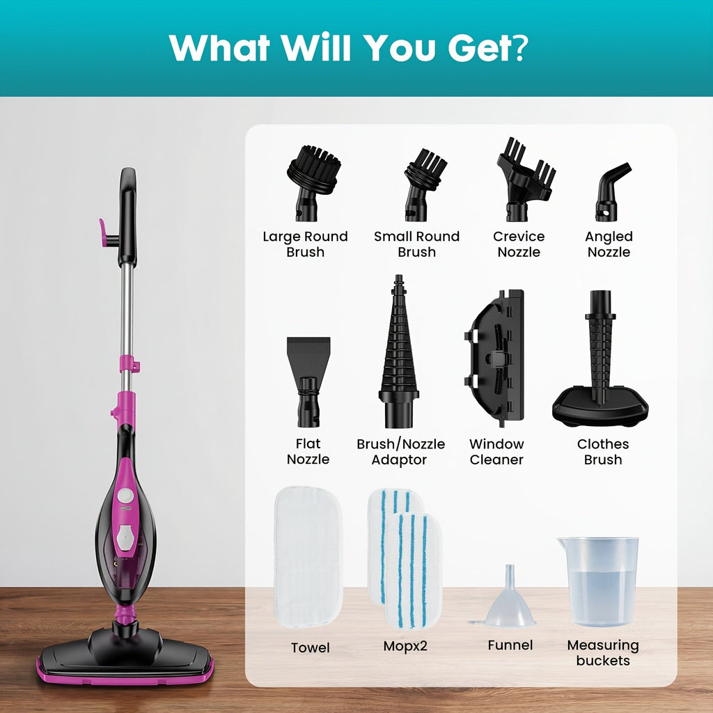 10-in-1 Steam Mop & Handheld Steam Cleaner - 1550W, Detachable, 2 Reusable Pads, 16.4ft Cord - Hardwood, Tile, Grout, Carpet & Windows - Black & Pink