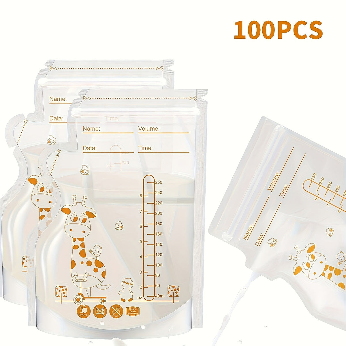 100-Pack 8oz/250ml Breast Milk Storage Bags with Pour Spout, Double-Sealed Self-Standing Flat Profile Freezer & Refrigerator Safe Transparent PP Milk Storage Bags for Breastfeeding Moms