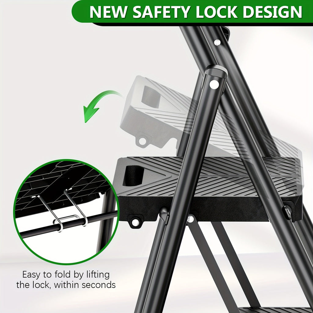2-Step Folding Ladder – Safe-Lock Sturdy Steel Anti-Slip Pedals & Handrail for Home Kitchen & Office in Black