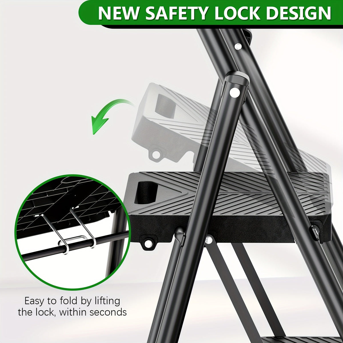 2-Step Folding Ladder – Safe-Lock Sturdy Steel Anti-Slip Pedals & Handrail for Home Kitchen & Office in Black