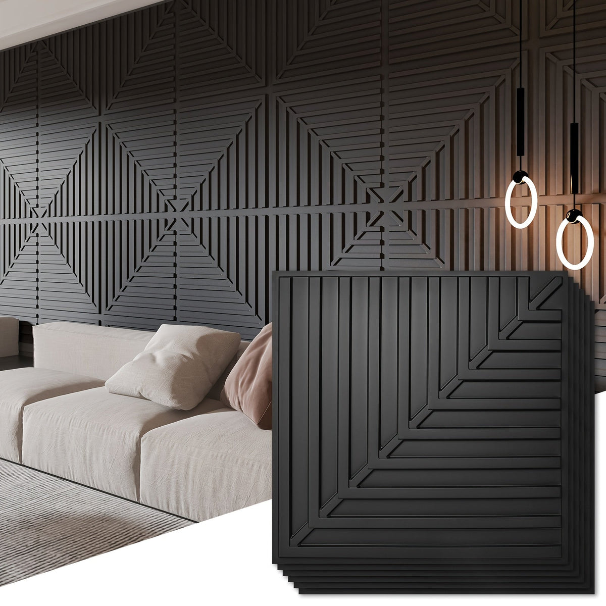 Drop Ceiling Tiles 24"x24" - 12-Pack PVC 3D Textured Panels, 48 Sq Ft, Fits 15/16" T-Bar Suspended Grid or Adhesive, Trimmable - Living Room, Bedroom, Office, Kitchen & Basement - Black