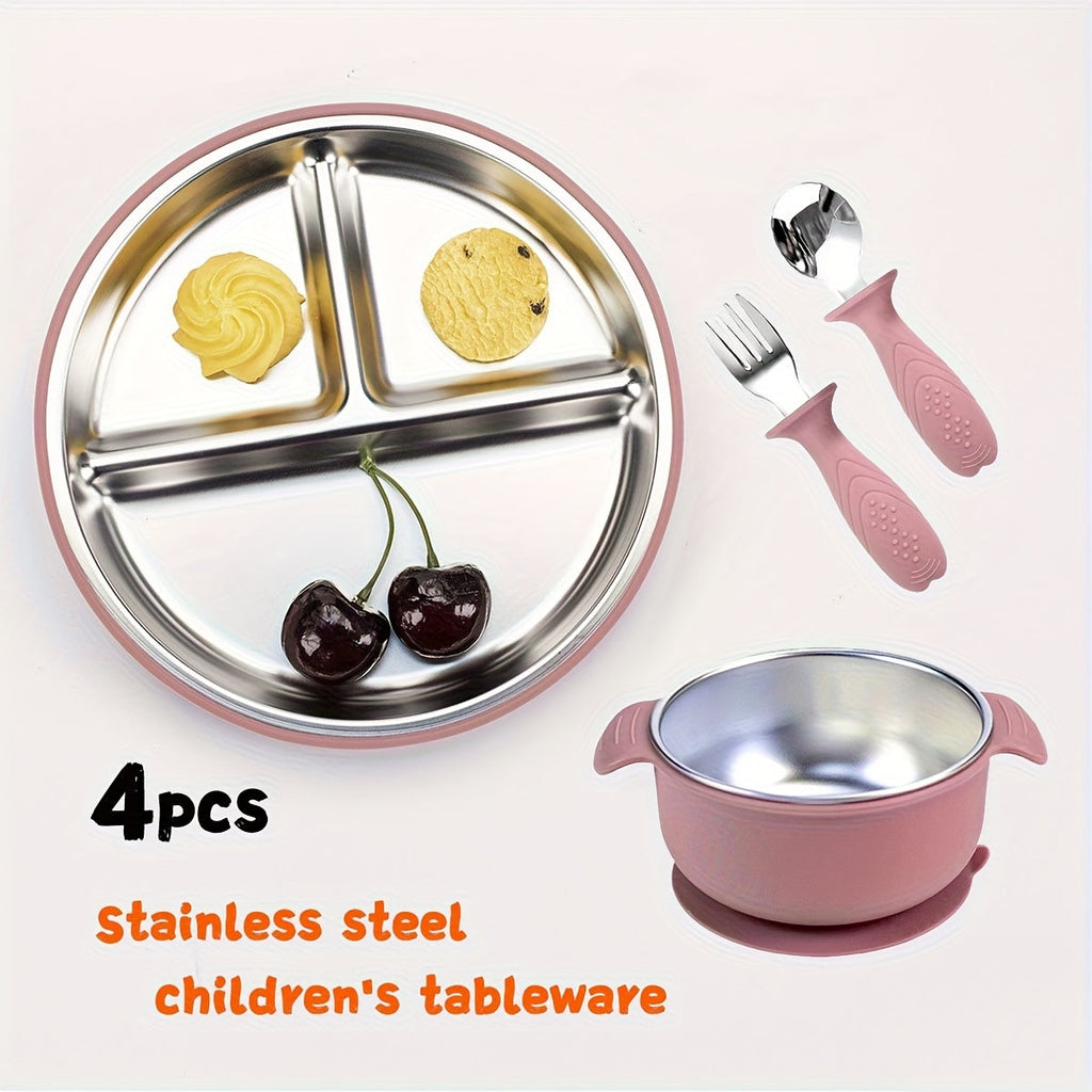 Baby & Toddler Stainless Steel Tableware Set, 304 Stainless Steel Plate Bowl Fork & Spoon, Anti-Fall Anti-Scalding Easy-Clean Children's Mealtime Dining Set, 2 Colors Including Dark Green & Beige