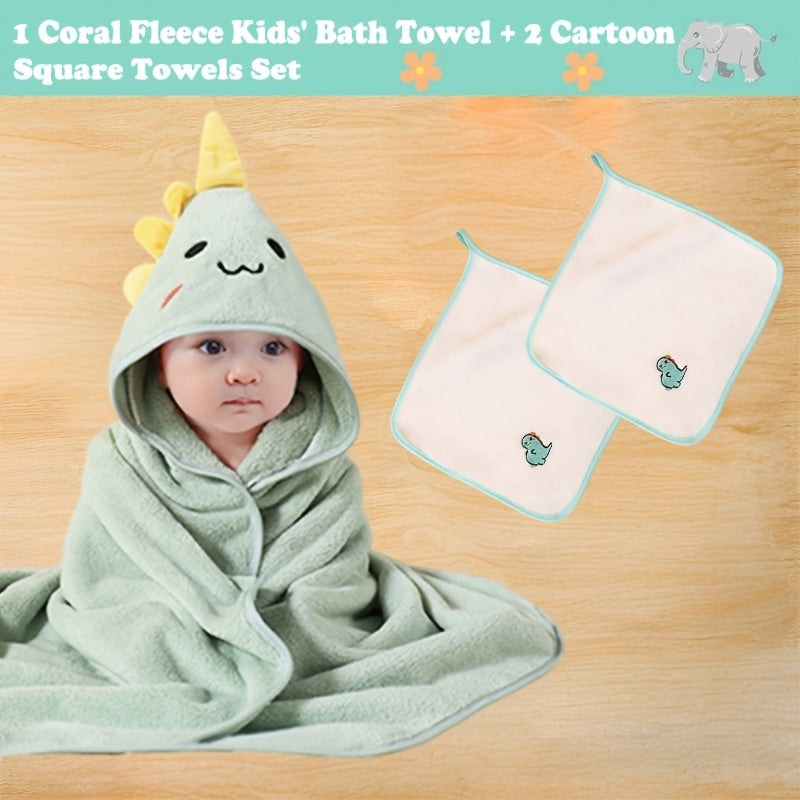 Baby Hooded Bath Towel 3-Piece Set, 1 Soft Absorbent Hooded Towel + 2 Cartoon Hand Towels, Non-Shedding Infant Bath Set, 7 Cute Animal Designs Including Duck Elk Koala Panda Rabbit Dinosaur & Penguin