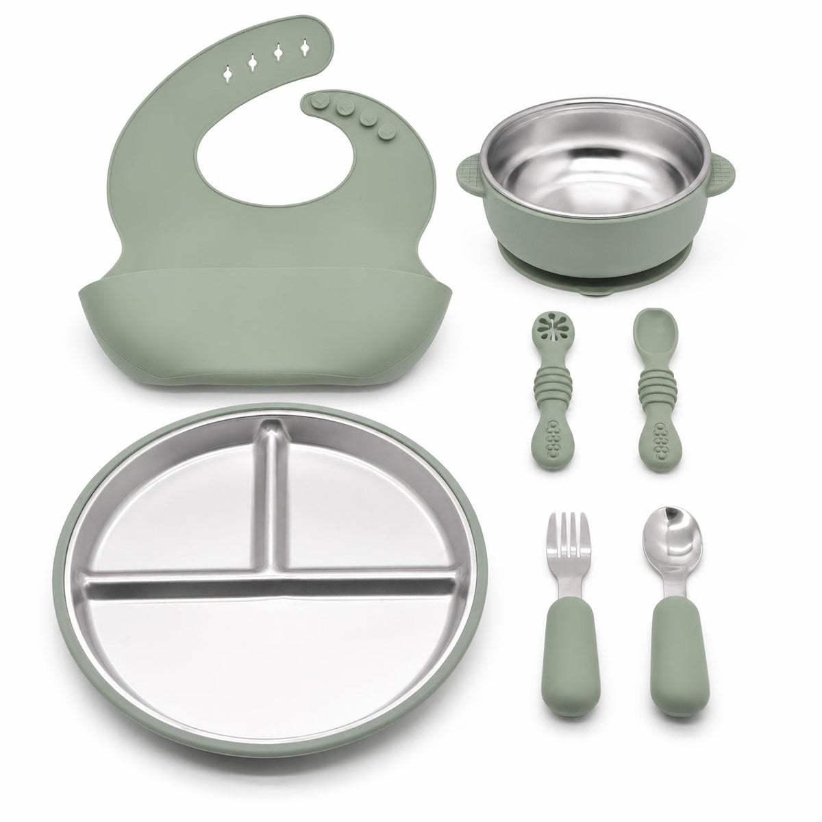7-Piece Baby Feeding Set Stainless Steel Divided Suction Plate Removable Bowl Adjustable Bib Spoon Fork Self-Feeding Toddler Utensils