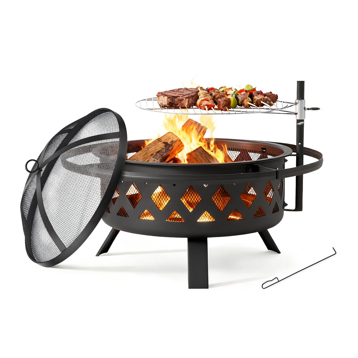 Steel Fire Pit with Grill – Multi-Use Fire Bowl for BBQ, Camping & Picnic, Charcoal & Wood Burning Outdoor Patio Heater, Garden & Backyard Fire Bowl, Black – Nova Mart
