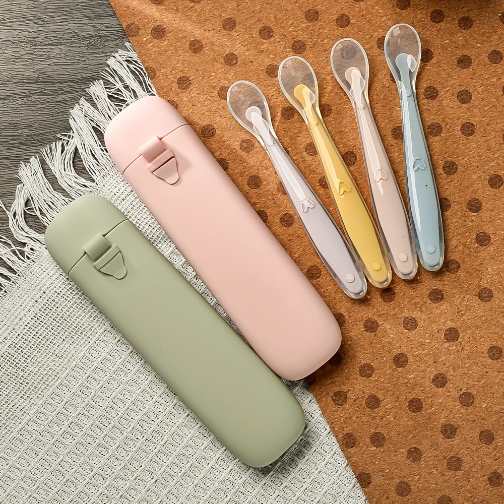 3-Piece Silicone Kids Cutlery & Storage Box Set with Spoon, Portable Compact Feeding Tableware for Travel School & Daycare, BPA-Free Toddler Utensil Set in Bright Colors