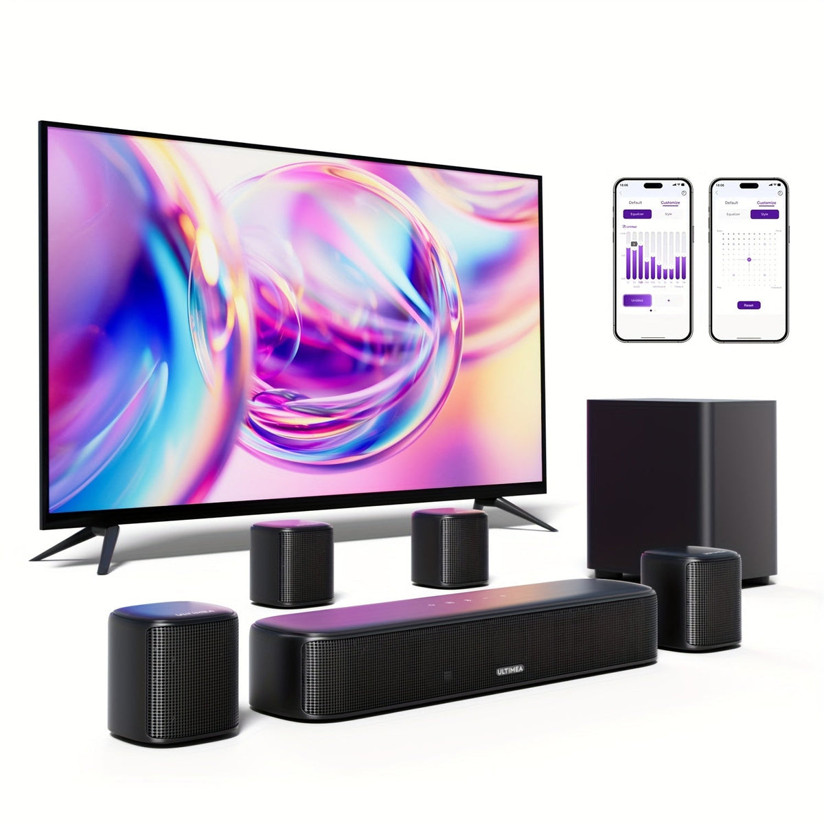 Ultimea Aura A30 5.1ch Soundbar with Wired Subwoofer & 2 Surround Speakers – SurroundX Virtual Surround, 330W, 121 EQ Presets, 6 EQ Modes, App Control, Opt/AUX, for Smart TV Home Theater – Nova Mart