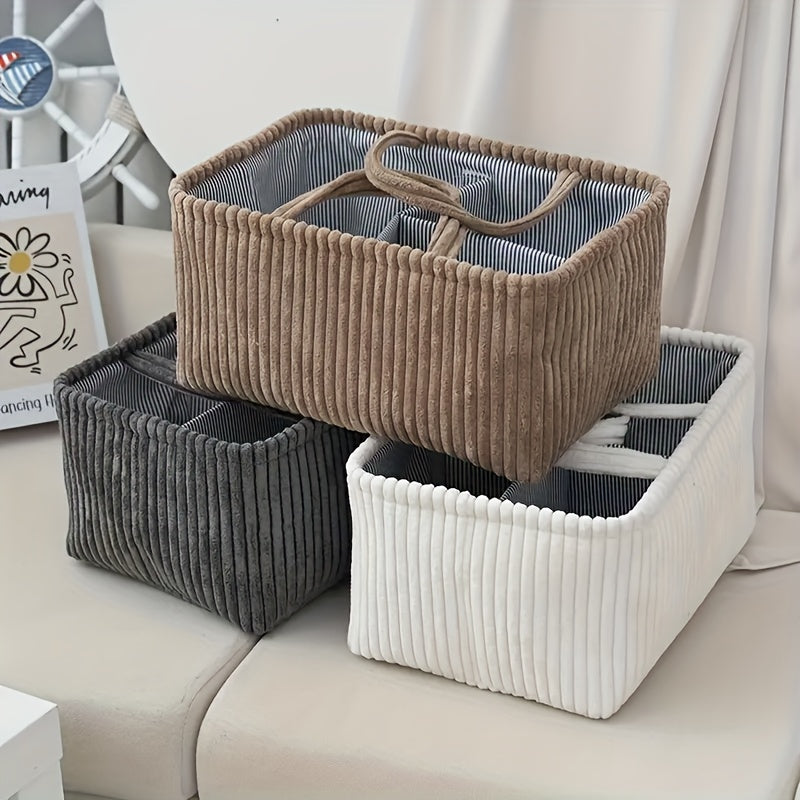 Foldable Multi-Pocket Diaper Bag & Storage Basket, Large Capacity Nursery Organizer with Compartments & Dividers for Clothes Toys & Outings, Corduroy Styles in Gray White & Brown