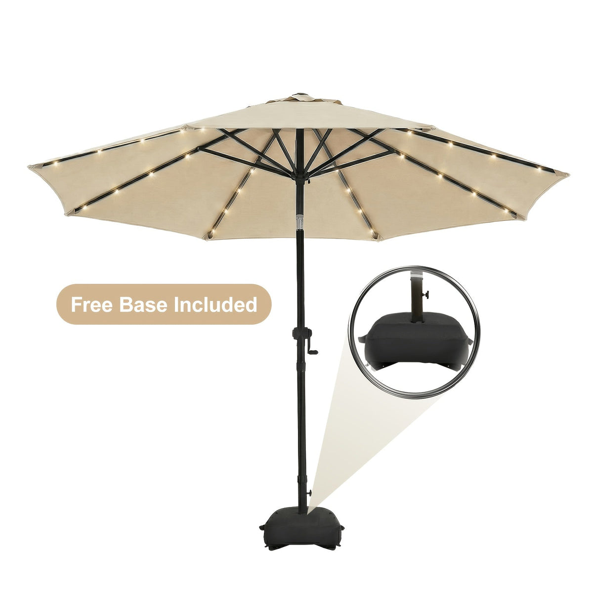 9ft Solar LED Patio Umbrella with Base 32 LED Lights Steel Frame Ventilation Push-Button Tilt & Crank for Garden Deck Backyard & Pool – Brown