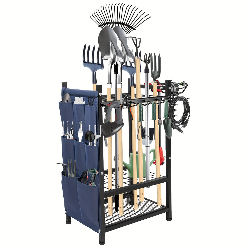 Metal Garden Tool Organizer Rack with Storage Bag - Holds 35 Long-Handled Tools - Broom, Shovel & Rake Holder - Heavy-Duty Garage, Outdoor & Yard Storage - Black
