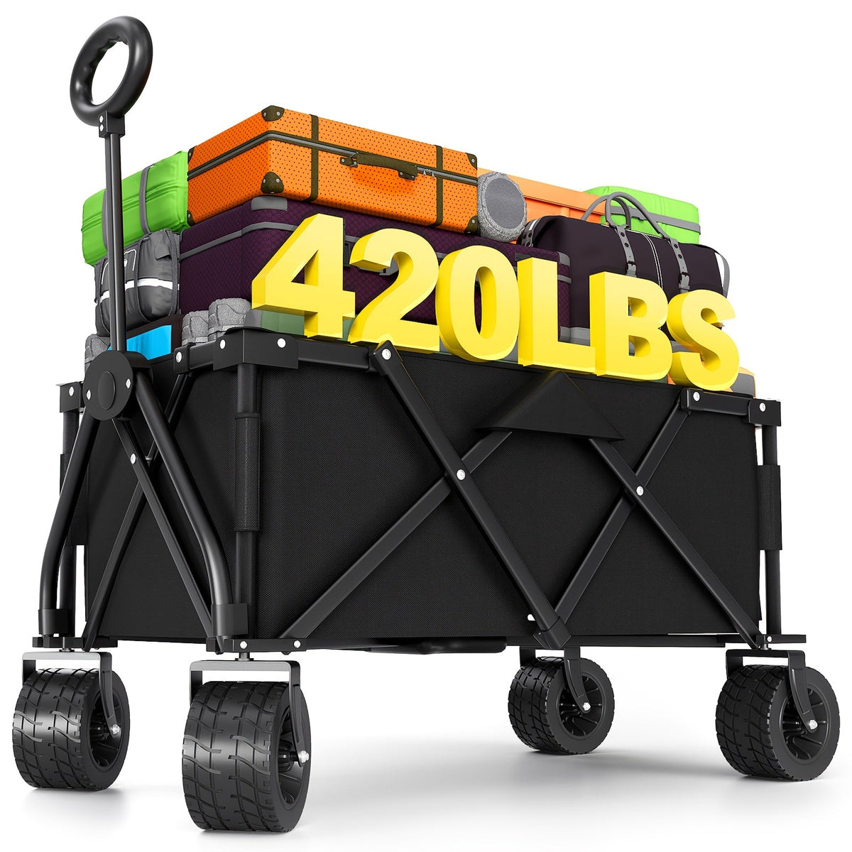 Heavy Duty Folding Wagon 2-in-1 Collapsible Cart and Beach Chair 400 420 650LBS Capacity All-Terrain 360 Swivel Wheels with Brakes Side Pockets for Camping Beach Groceries