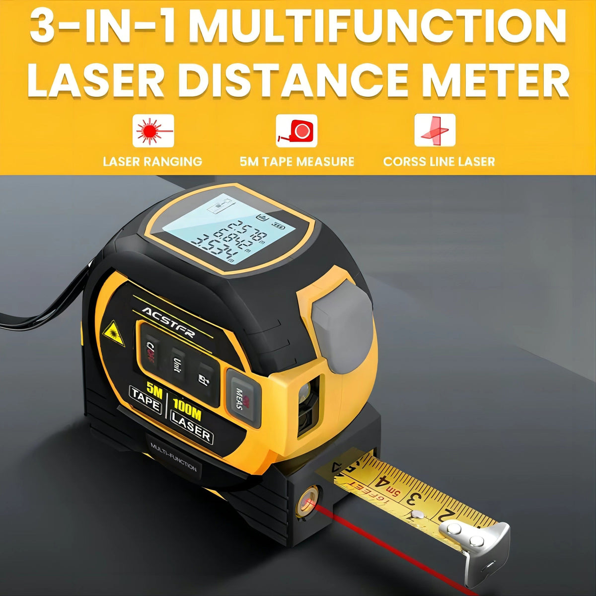 3-in-1 Laser Tape Measure – High-Precision Digital Laser Rangefinder + 16.4ft Steel Tape + Cross Laser Marking Tool (328ft Range, AAA Batteries Included)