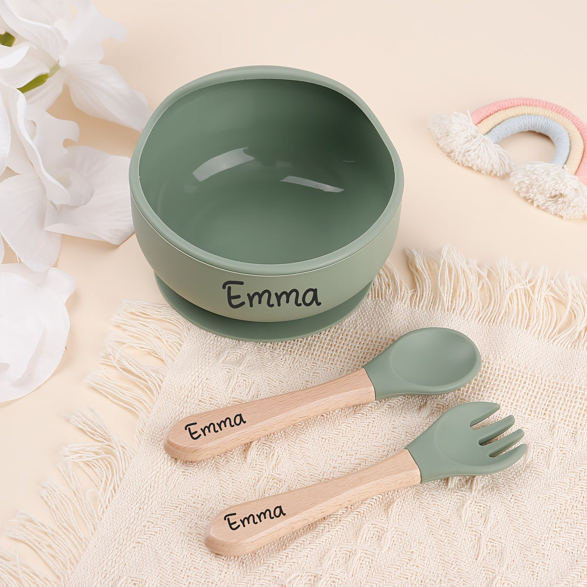 3-Piece Personalized Engraved Silicone Baby Suction Bowl Set, Custom Baby Feeding Bowls for Kids, Christening Gift, First Birthday Gift & Christmas Feeding Gift Set, Beige, Blue, Gray, Pink & Green