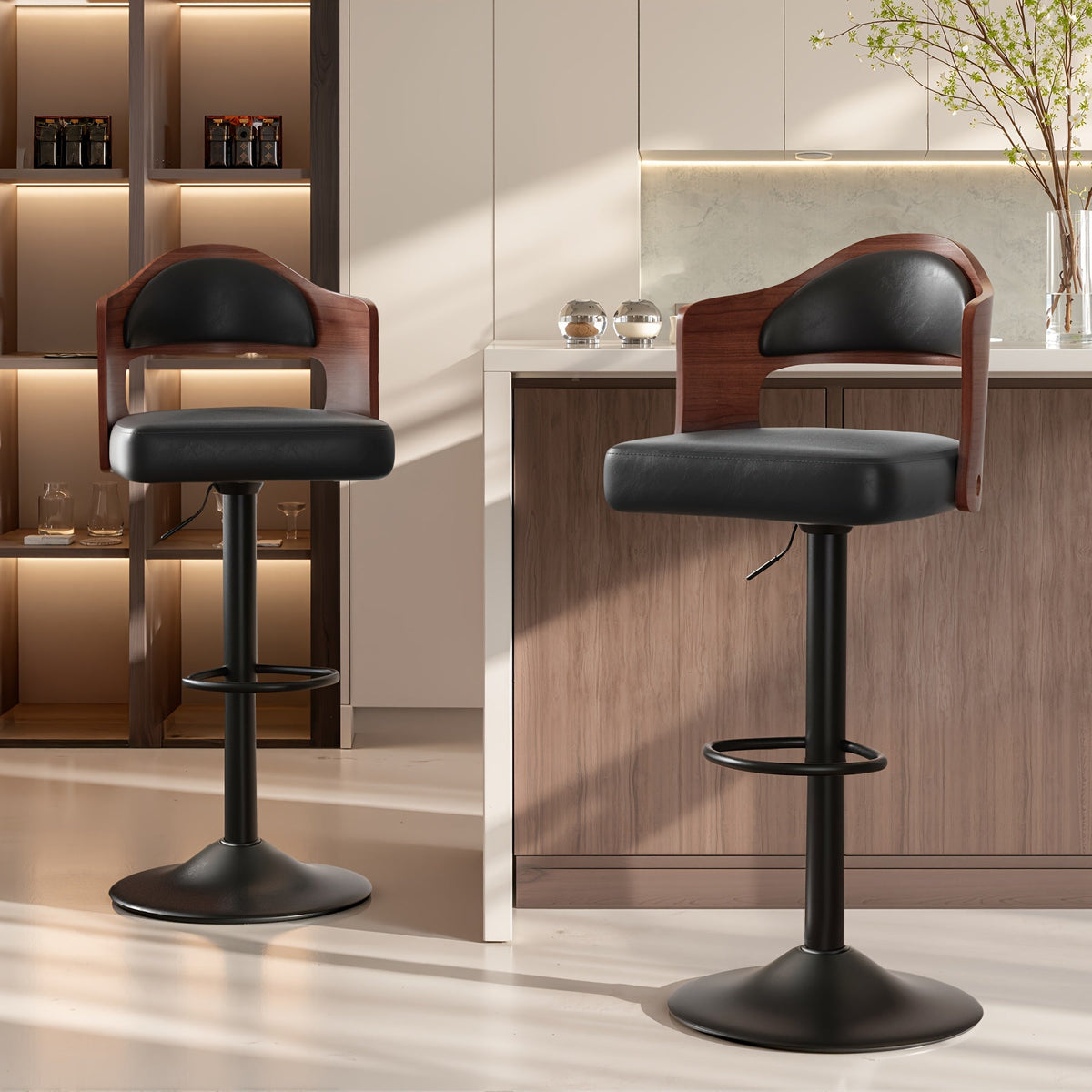 Swivel Bar Stools Set of 4 with PU Leather Upholstered Seat, Wooden Back & Footrest, Counter Height Bar Chairs for Kitchen Island and Dining Room, Black Brown Green White