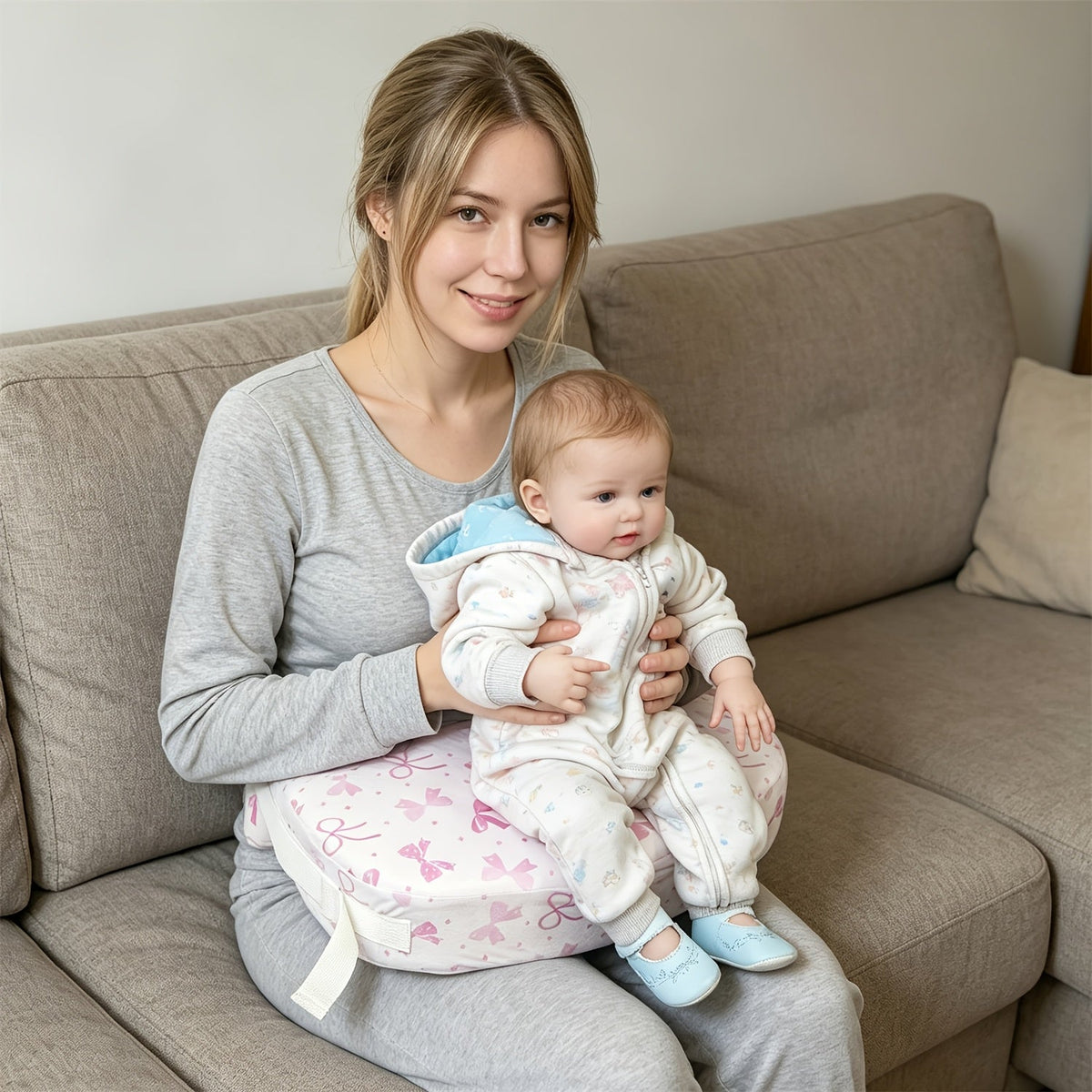 High-Support Nursing Pillow for Breastfeeding & Bottle Feeding, Ergonomic Lap Pillow with Spacious Comfort Surface for Newborns & Infants, 3 Styles Including Grey Stars Pink Bow & Beige Flowers