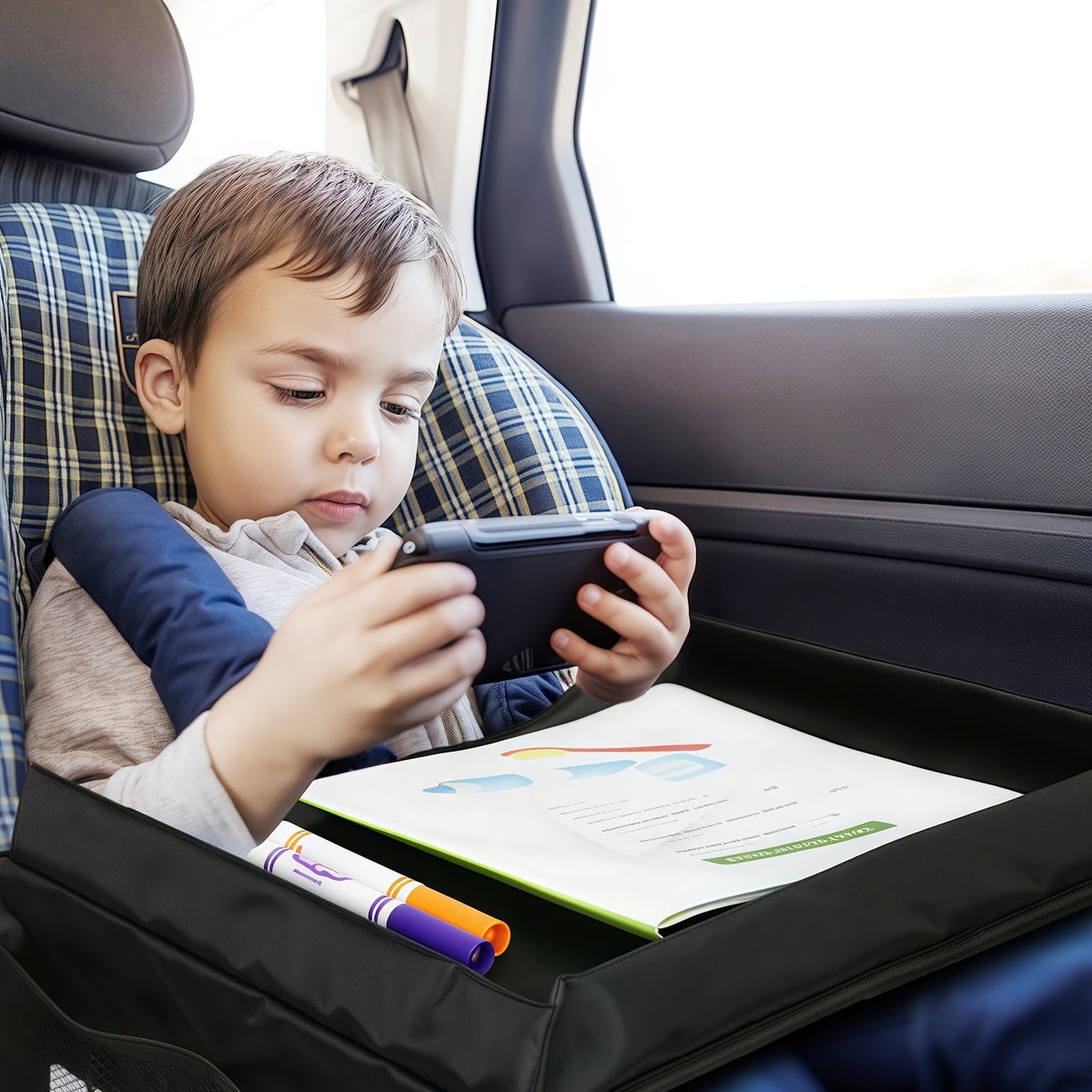 Kids Car Seat Travel Activity Table Tray, Multifunctional Backseat Storage Organizer for Children, Portable Lap Desk for Car Airplane & Home Use, Upgraded & Standard Version