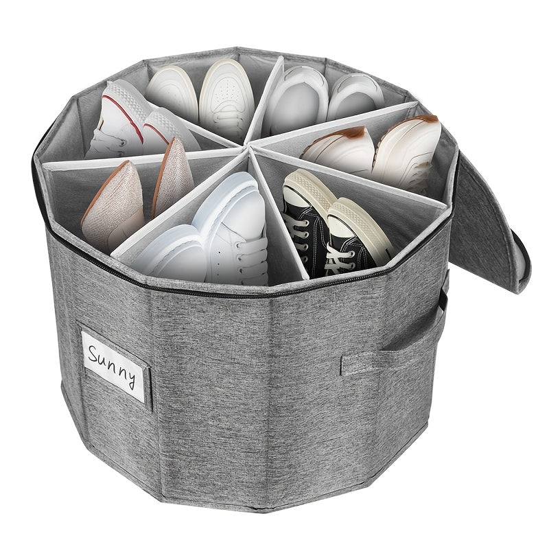 Round Divided Shoe Storage Bin Foldable Fabric Zipper Lid Compartments Carry Handle Dust Proof Shoe Organizer for Closet Bedroom Entryway Grey