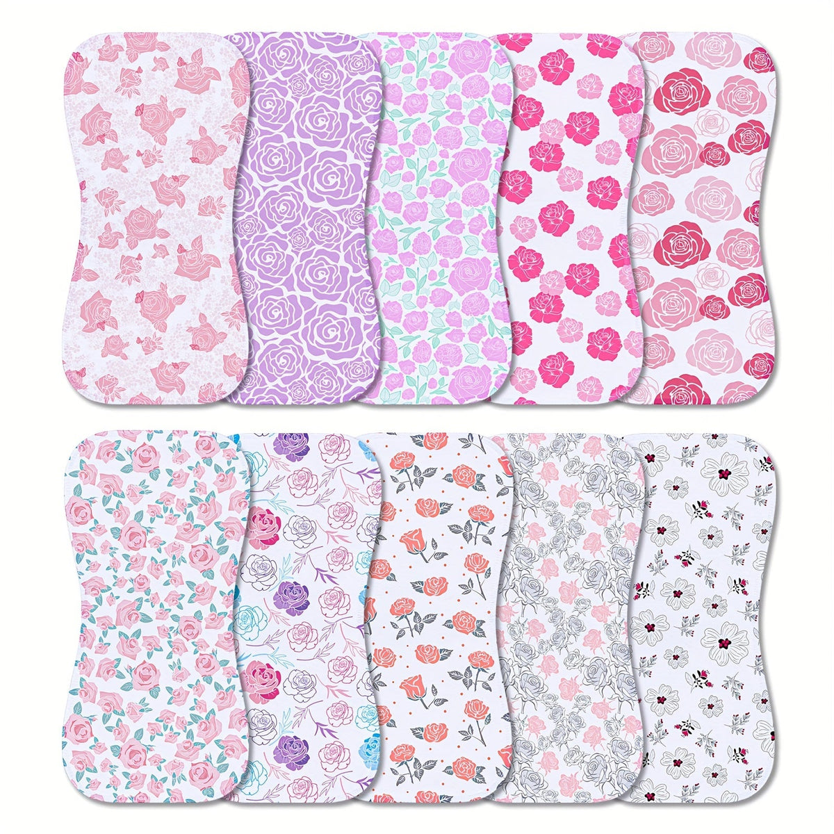 10-Pack Baby Burp Cloths for Newborn Boys & Girls, Large Neutral Baby Washcloth Burp Rags, Era of Dinosaurs, Fox Home, Steel Roses, Pink Florals, Simple Beige, Pink Peach & Pink Starlink