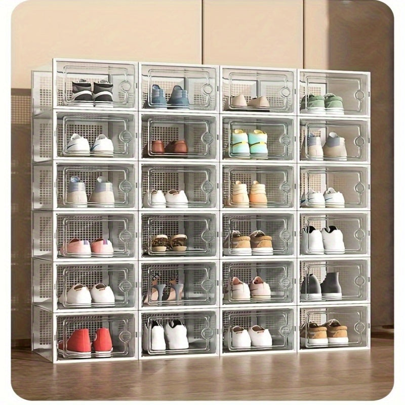 12-Pack Transparent Plastic Shoe Boxes with Lids - Large Capacity, Thickened, Stackable - Closet, Entryway, Front Door & Under-Bed Shoe Storage - Grey