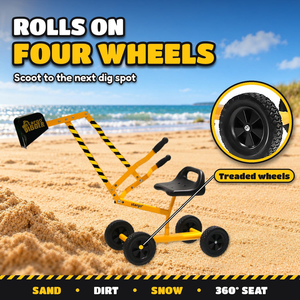Kids Ride-On Sand Digger Excavator Toy – Steel Frame Seated Rolling Digger with 360° Swivel Seat & Metal Bucket for Sandbox Backyard Beach Snow Ages 3+