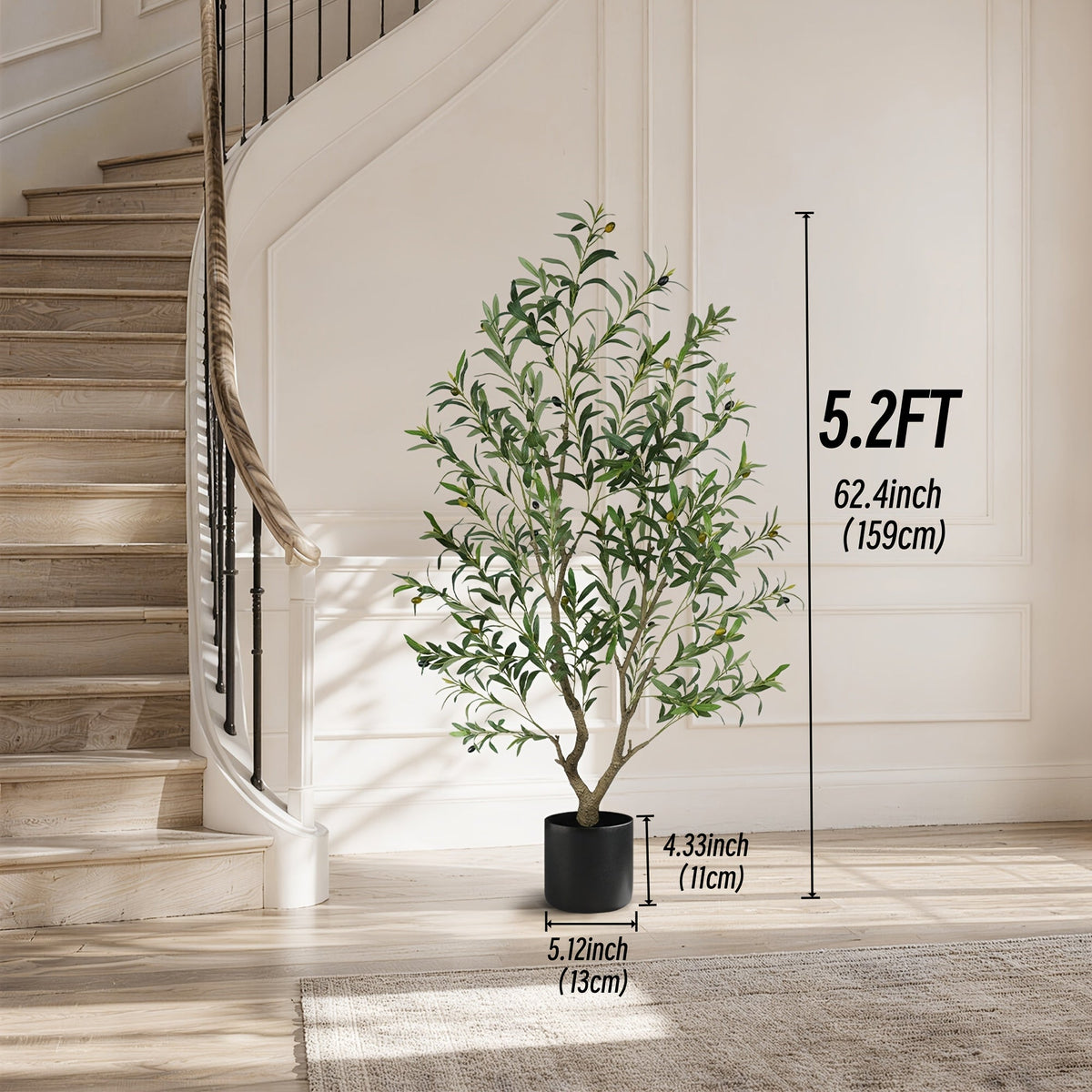 Artificial Olive Tree 5-8FT Tall Potted Faux Olive Floor Plant with Lifelike Leaves & Black Fruits, Decorative Fake Indoor Tree with White or Black Round Planter for Living Room Office Home Decor