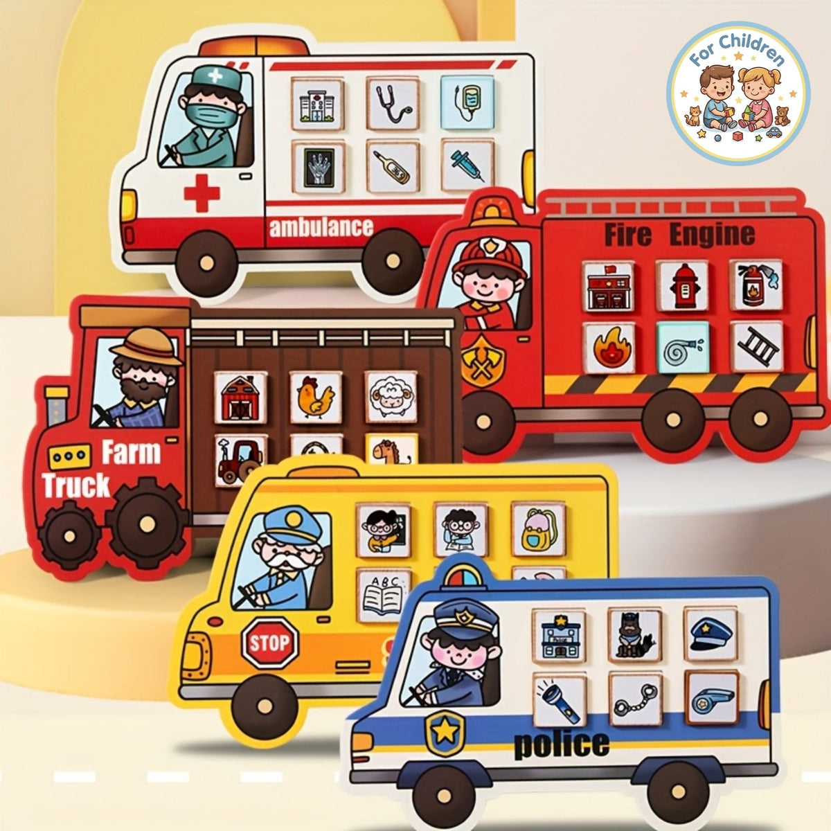 5-Theme Educational Vehicle Career Puzzle Building Blocks Toy Set, Farm Truck School Bus Police Car Ambulance & Fire Truck, Hand-Eye Coordination & Cognitive Skills Development Toy for Kids