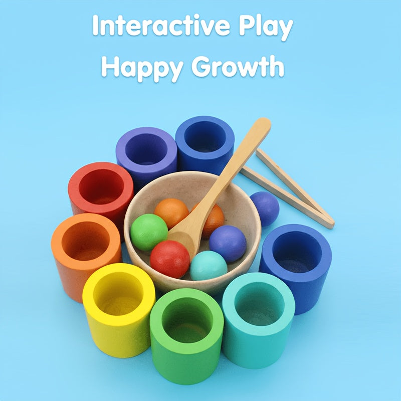 Wooden Rainbow Ball & Cup Color Sorting Toy Set, 7 Balls & 7 Cups Educational Color Classification Game for Toddlers, Fine Motor Skills Sensory Learning Toy for Boys & Girls
