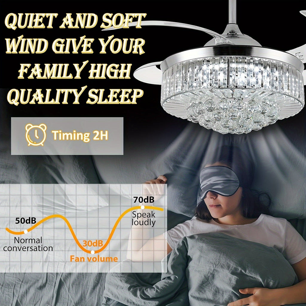 Modern Invisible Ceiling Fan with LED Light, Crystal Design, 3-Color Lighting (Warm/Neutral/White), 6-Speed Remote Control, Reversible Motor, for Bedroom Living Room Dining Room