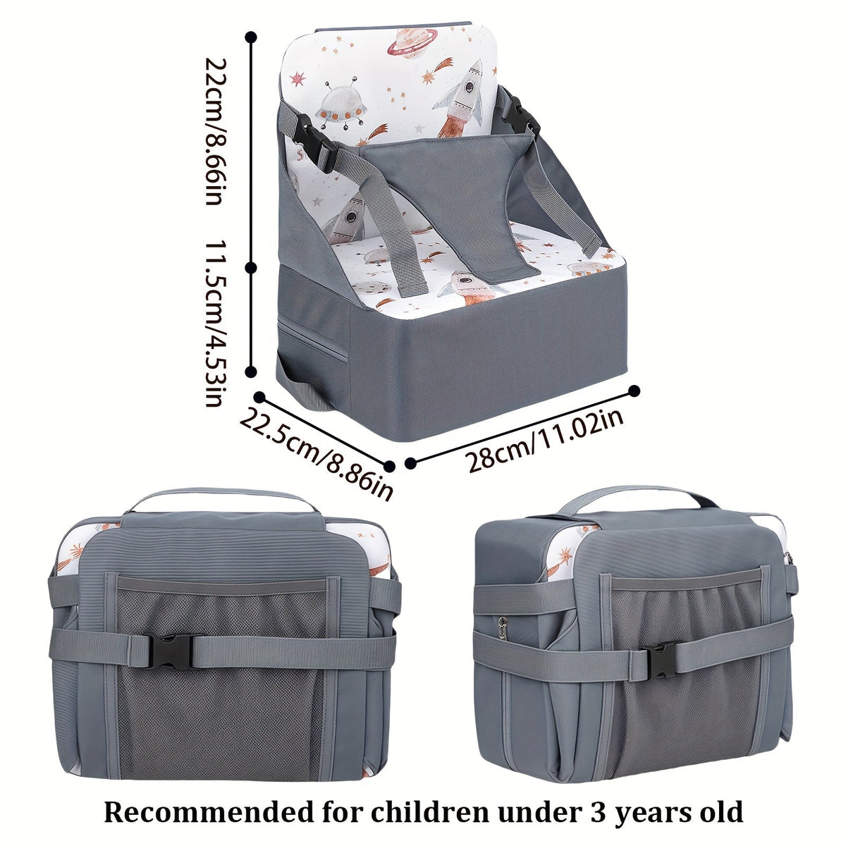 Portable Foldable Baby Booster Seat with Non-Slip Mat, Convenient Carry-Along Booster Seat for Kitchen & Dining Chairs, for Boys & Girls Ages 0-3, Christmas Bunny, Space Cruise & Colored Flowers