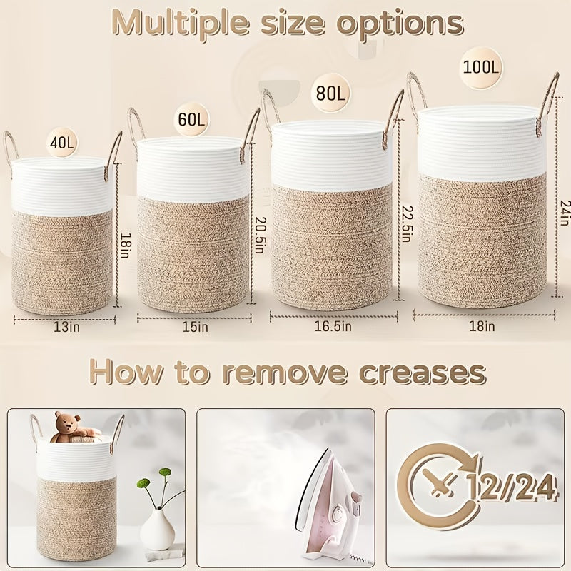 Collapsible Cotton Rope Woven Laundry Basket, Natural Elegant Laundry Hamper for Bathroom Nursery & Living Room, Versatile Storage for Clothes Toys & Blankets, 40L 60L 80L 100L, 9 Colors