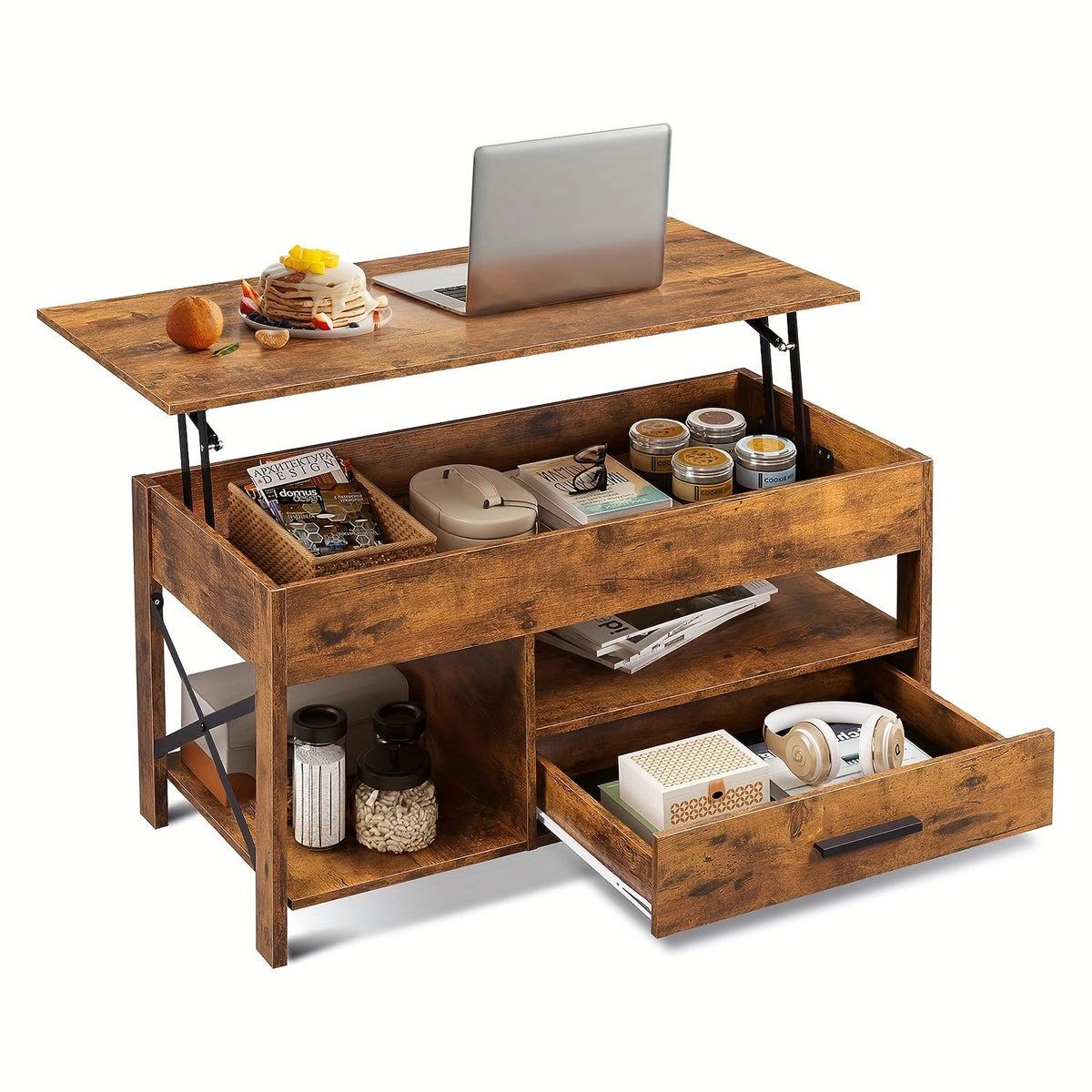 Lift Top Coffee Table with Storage Drawers & Hidden Compartment, Modern Wood HDF Space-Saving Adjustable Lift Top Table for Living Room Reception Room, Rustic Brown Greige Espresso