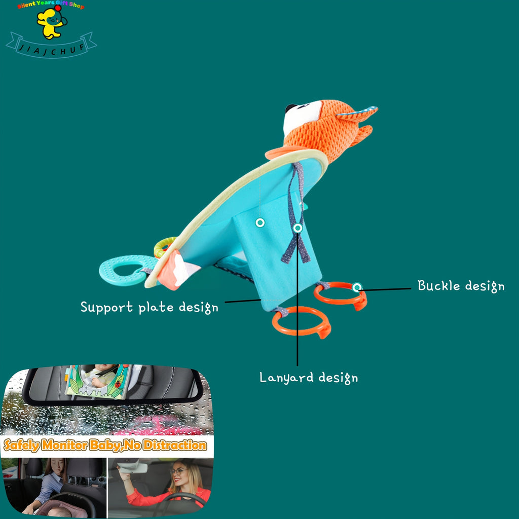 Baby Rear-Facing Car Mirror with Hanging Interactive Toys, Travel Activity Center for Tummy Time & Car Rides, Self-Awareness Tactile Auditory Visual Training, Orange Fox Gray Fox & Caterpillar